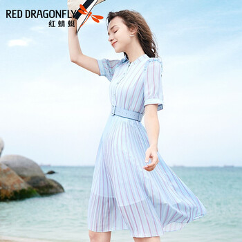 紅蜻蜓（RED DRAGONFLY） 豎條紋 拼接，條紋，腰帶，立體裁剪 連衣裙