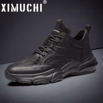 希慕驰XIMUCHI品牌 运动休闲鞋男 秋冬新款皮面加绒鞋子男 黑色潮流皮鞋男鞋 黑色（礼盒装） 38