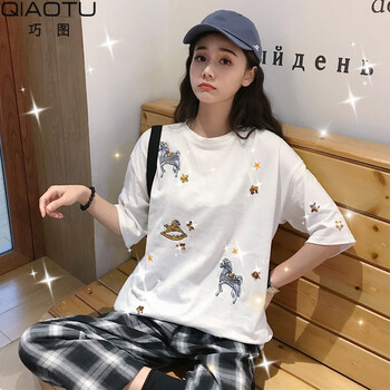 巧圖（qiaotu） 亮片，印花，燙畫(huà) 短袖 T恤 女 圓領(lǐng)