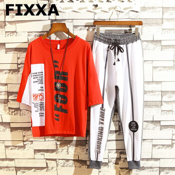 FIXXA 五分袖 男士T恤 紅衣灰褲 