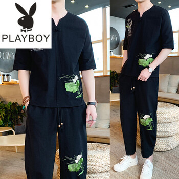 花花公子（PLAYBOY ESTABLISHED 1953） 七分袖 男士T恤 TZ113黑色 