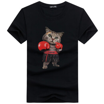 K L B ZHE 短袖 男士T恤 拳擊貓黑色 S，4XL，5XL，L，M，XXXL，XXL