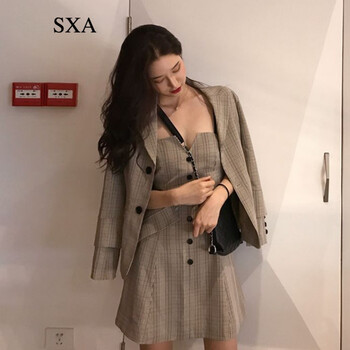 SXA 格子 深V款，格子 連衣裙