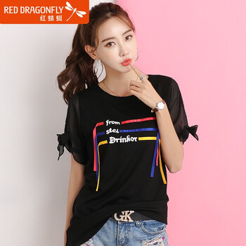 紅蜻蜓（RED DRAGONFLY） 拼接，印花，飄帶，蝴蝶結(jié) 短袖 T恤 女 圓領(lǐng)