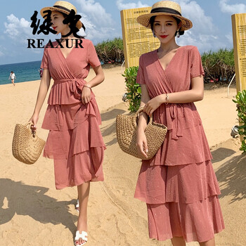 綠夕（REAXUR） 純色 亮絲，綁帶 連衣裙