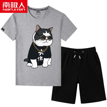 南極人（Nanjiren） 短袖 男士T恤 棉圓T灰/貓-短褲黑/純色 