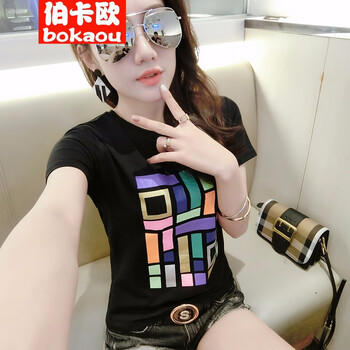 伯卡歐（BOKAOU） 印花 短袖 T恤 女 圓領(lǐng)