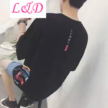 凌登（LingDeng） 短袖 男士T恤 寬松鯉魚旗 黑色 