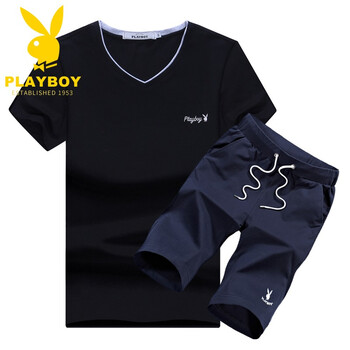 花花公子（PLAYBOY） 短袖 男士T恤 黑衣藍(lán)褲 