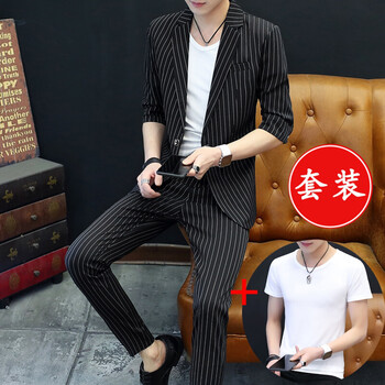 花花公子（PLAYBOY） 七分袖 男士T恤 YP807黑色西服+褲子+T恤+手鏈 