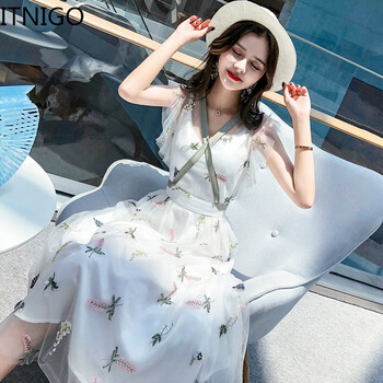 ITNIGO 花色 繡花，荷葉邊，拉鏈，蝴蝶結(jié) 連衣裙