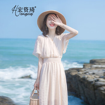 宏資琦 純色 抽褶，拉鏈 連衣裙