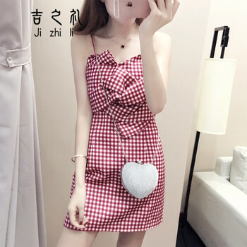 吉芬儷（JIFENLI） 格子 3D，背帶，露背，拉鏈，印花，蝴蝶結，立體裝飾 連衣裙