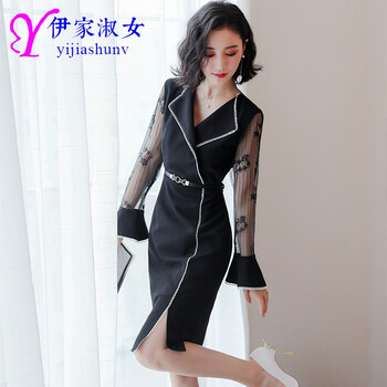 伊家淑女（Yijiashunv） 純色 拼接，腰帶，紗網(wǎng) 連衣裙