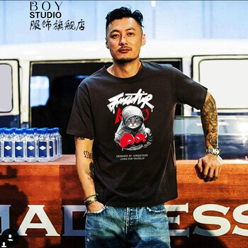 BOY&STUDIO 短袖 男士T恤 黑色 拳擊貓 