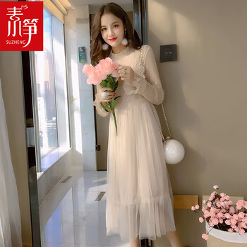 素箏（SUZHENG） 純色 荷葉邊，拼接，木耳邊，蕾絲，紗網(wǎng) 連衣裙