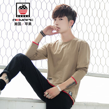 AEMAPE 長袖 男士T恤 卡其 XL，L，M，加大，XXXL，XXL
