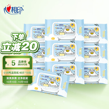 心相印湿巾 湿厕纸 小刘鸭定制款 私处清洁  40片*10包 家庭装 新老包装随机发