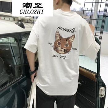 潮至（CHAOZHI） 五分袖 男士T恤 小貓五分袖白色 