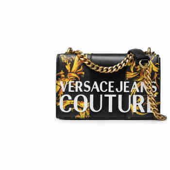 VERSACE JEANS COUTURE 范思哲 女士皮革巴洛克印花翻盖撞色链条单肩包 黑色