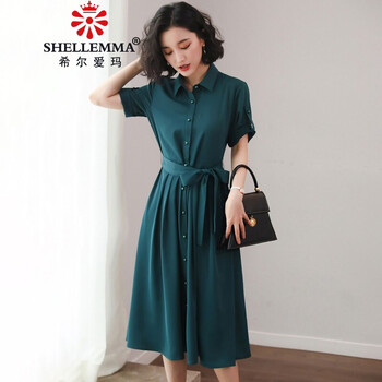希爾愛瑪（SHELLEMMA） 純色 紐扣，綁帶，蝴蝶結(jié) 連衣裙