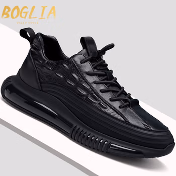 伯格利亚（BOGLIA）品牌休闲男鞋2021新款男士鞋子软底跑步运动鞋百搭商务皮鞋 黑色 40