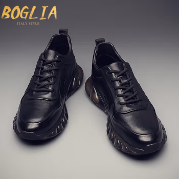 伯格利亚（BOGLIA）品牌休闲鞋男2021秋冬季新款运动鞋男士皮鞋皮面跑步鞋软面皮 黑色 41