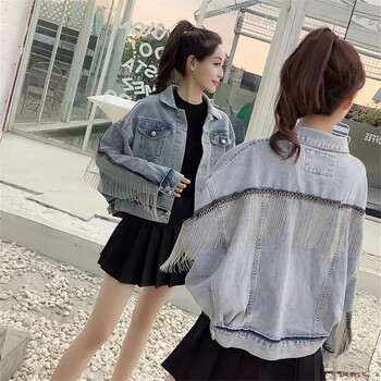 旋舞  長(zhǎng)袖 女 短外套 口袋，流蘇，拼接，拼色，金屬裝飾，明線裝飾，水洗
