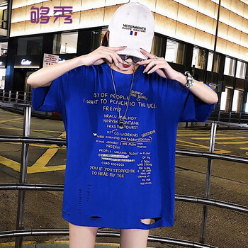 夠秀（GOSHERY） 破洞，印花 短袖 T恤 女 圓領(lǐng)