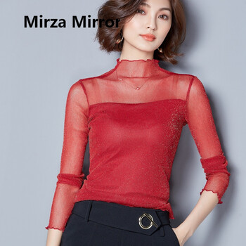 蜜莎蜜拉（Mirza Mirror） 拼接，亮絲，木耳邊，紗網(wǎng)，蕾絲 短袖 T恤 女 立領(lǐng)