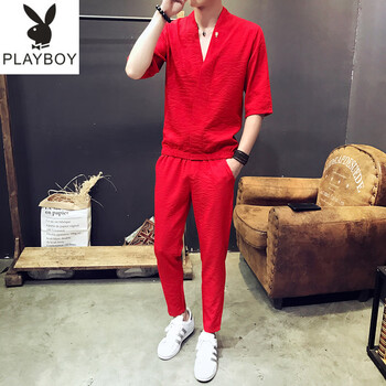 花花公子（PLAYBOY ESTABLISHED 1953） 短袖 男士T恤 紅色九分褲套裝 