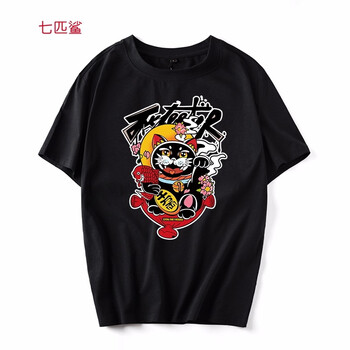 七匹鯊 短袖 男士T恤 黑色招財(cái)貓 S，XL，4XL，5XL，L，加大，XXXL，M，XXL