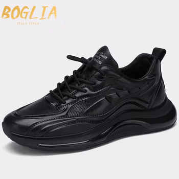 伯格利亚（BOGLIA）品牌运动休闲鞋男2021新款百搭商务男鞋透气增高软底皮鞋男 黑色 41