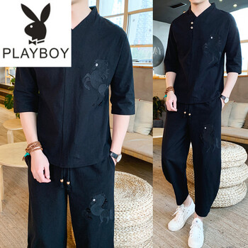 花花公子（PLAYBOY ESTABLISHED 1953） 七分袖 男士T恤 TZ115黑色 