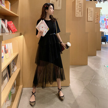 輕鷗 純色 拼接，不規(guī)則，紗網(wǎng) 連衣裙