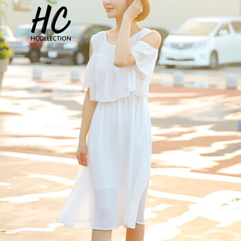 Hcollection 純色 荷葉邊，露肩 連衣裙