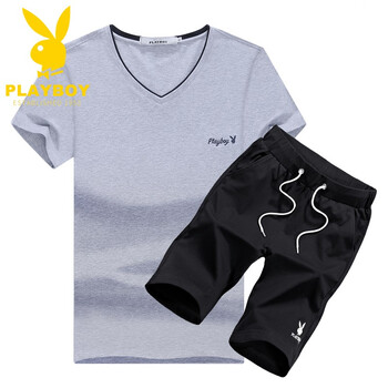 花花公子（PLAYBOY） 短袖 男士T恤 灰衣黑褲 