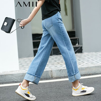 AMII 高腰 闊腿褲 女 長褲 牛仔褲