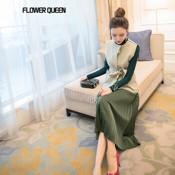 FLOWER QUEEN 純色 拼接，褶皺，綁帶 連衣裙