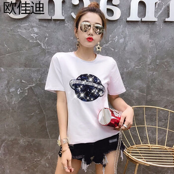 歐佳迪 亮片 短袖 T恤 女 圓領(lǐng)