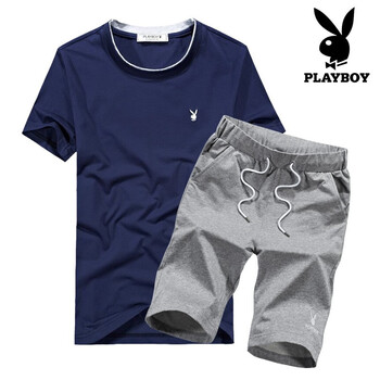 花花公子（PLAYBOY） 長袖 男士T恤 藍(lán)上衣＋灰褲子 