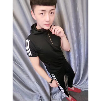 其他品牌 短袖 男士T恤 三桿連帽黑短袖+三桿褲黑彈力 S，XL，L，M，XXL