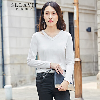 薩拉維夫（SLLAVIF） 不對稱，鏤空 短袖 T恤 女 V領(lǐng)