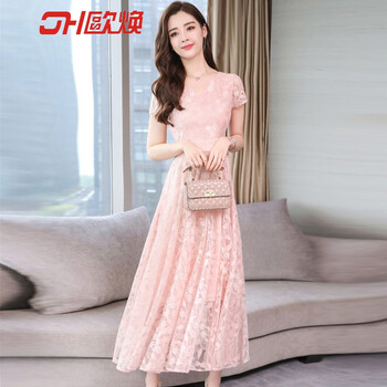 歐煥（OUHUAN） 碎花 深V款，蕾絲拼接，印花，蕾絲，紗網(wǎng) 連衣裙