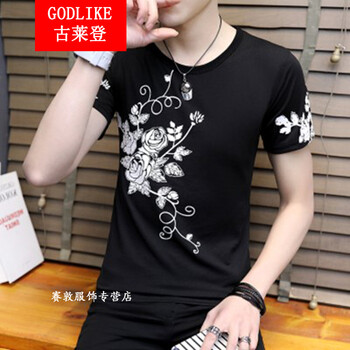 古萊登（GODLIKE） 短袖 男士T恤 黑色玫瑰花 