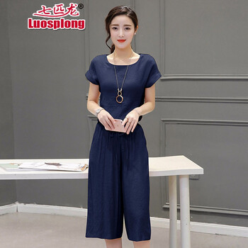 路易七匹龍（LOUISEPTLONG） 松緊腰 闊腳褲 女 七分褲 休閑褲