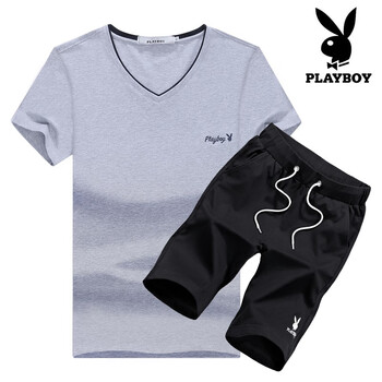 花花公子（PLAYBOY） 短袖 男士T恤 灰+黑  