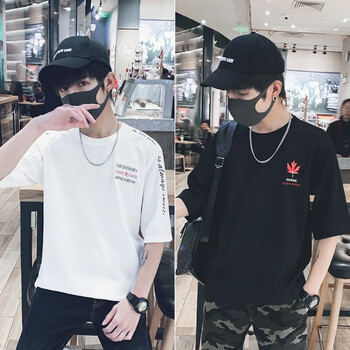 簡男 七分袖 男士T恤 （2件裝）-小X白+楓葉黑 
