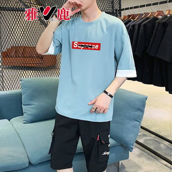 雅鹿 短袖 男士T恤 TX651白色+湖藍 