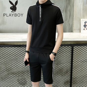 花花公子（PLAYBOY ESTABLISHED 1953） 短袖 男士T恤 TZ120黑色套裝 